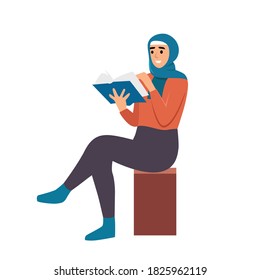 Flat woman with home clothes and wearing hijab reading book. Concept relax student character, room, day. Vector illustration. isolated on white background