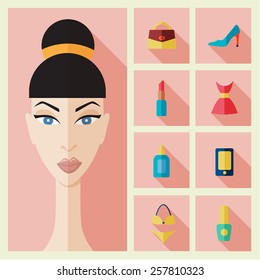 Flat woman icon can be used as avatar and fashion and hair icons in modern flat design with long shadow.