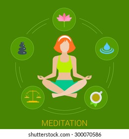 Flat woman meditation process concept web infographics vector. Female in lotus pose and healthy icons lifestyle life balance around.