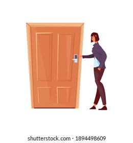 Flat woman opening door with numeric lock vector illustration