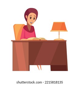 Flat woman reading book at desk vector illustration