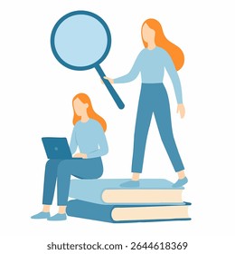 Flat Woman Researching on a Book and Using Laptop Illustration
