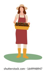 Flat Woman with seedling. Gardener girl holding a box of seedlings. Vector illustration in a flat style isolated on white background. Farmer. Spring