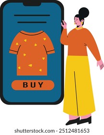 flat woman shopping with online marketplace vector illustration