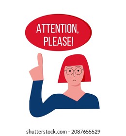 flat woman shows sign attention please to say something important