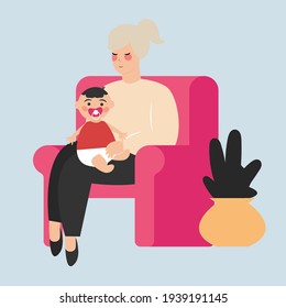 Flat woman sits on sofa and hold her baby with love and care. Happy mother's mom day banner card concept. beautiful mom with new baby born. Portrait of married, single, divorced mother poster. Vector.