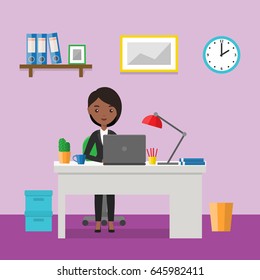 Flat woman sitting at desk. Workspace or home workplace with cartoon female character. Office interior and furniture. Animated people icon. Vector illustration.
