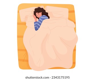 Flat woman sleeping on a bed under a blanket, top view. Vector isolated girl napping.