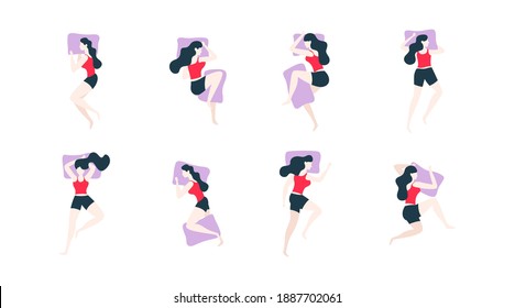 Flat Woman Sleeping Poses Vector Illustrations Set