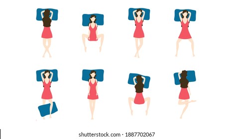 Flat Woman Sleeping Poses Vector Illustrations Set