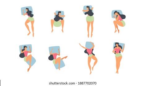 Flat Woman Sleeping Poses Vector Illustrations Set