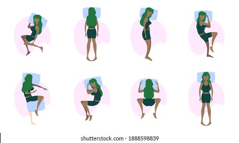 Flat Woman Sleeping Poses Vector Illustrations Set