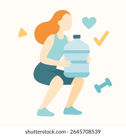 Mulher plana com garrafa de água fazendo agachamentos Workout ilustração