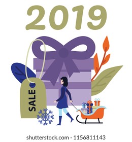 Flat woman in winter outdoor clothing pulling sleigh with gift packaging for christmas or new year holiday celebration on background of big present box with 2019 sale label. Vector illustration