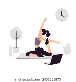 flat woman yoga at home, pillates vector design