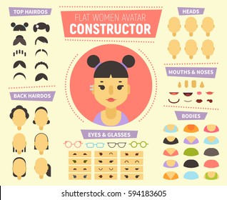 Flat women avatar constructor for generating characters portraits with different hair style, faces, race, age. Icons can be used for social network profile, in web design, print media.