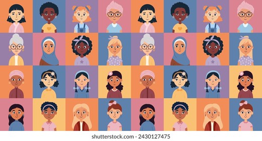 Flat women avatars set. Happy diverse multicultural young, adult, and senior women icons. Women's day geometric seamless pattern. Vector ornament for print, banner, card, fabric, cover