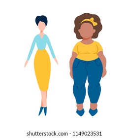 Flat women characters - fat and tall with light and dark skin. Different female personages. For body positive, sport, fitness and healthy food, tolerance, differentiation, feminism concept