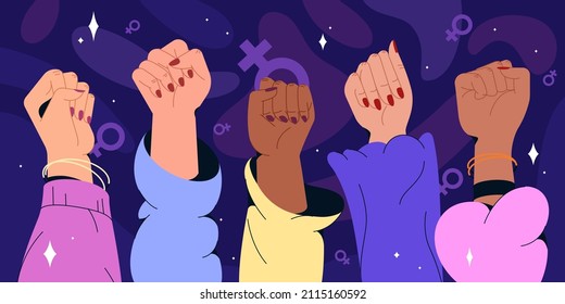 Flat women hands different nationalities with feminism fists raised up. Gender equality, feminist movement, protest or revolution concept. Fist gesture symbol of strength, woman rights or female power