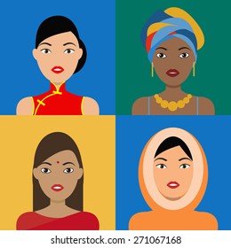 flat women icons. ethnic nationalities