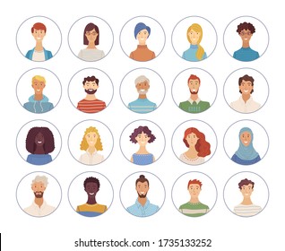 Flat women and men portraits set. Vector face icons. Hand-drawn various nationalities. Caucasian, Afro-American, Muslim. Blonde, brunette, and grey hair. Cartoon avatars for account, game, or forum.