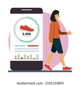 Mujeres planas usando el móvil para contar los pasos. Chica sostiene el teléfono con un pedómetro o un rastreador de fitness. Aplicación Step counter en el smartphone. Controlar el progreso diario de la marcha en la pantalla del dispositivo. Concepto de estilo de vida saludable.