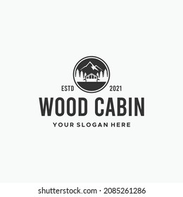 flat WOOD CABIN tree building MOUNTAIN logo design