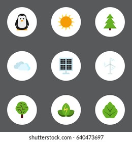 Flat Wood, Tree, Electric Mill And Other Vector Elements. Set Of Eco Flat Symbols Also Includes Bird, Energy, Sunny Objects.