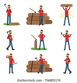 Flat woodcutter cartoon character set in different poses. Man dressed in hipster plaid shirt and blue jeans.