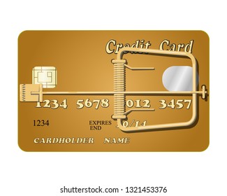 Flat wooden mousetrap with a bank plastic card. The concept of dependence on credit, debt, mortgage, shopping, money. Vector illustration