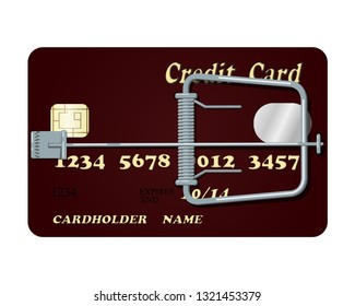 Flat wooden mousetrap with a bank plastic card. The concept of dependence on credit, debt, mortgage, shopping, money. Vector illustration