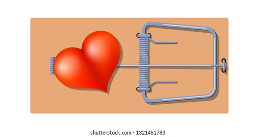 Flat wooden mousetrap with a red heart. The concept of dependence and love and adventure. Vector illustration