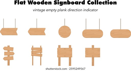 flat wooden signboard collection, rustic hanging and standing wood guide signs, empty vintage plank direction indicators, blank wooden signage for wayfinding and decorative purposes