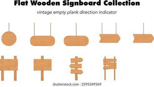 flat wooden signboard collection, rustic hanging and standing wood guide signs, empty vintage plank direction indicators, blank wooden signage for wayfinding and decorative purposes