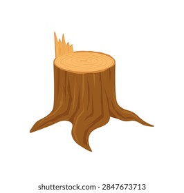 Flat wooden stump with ring pattern and rich brown bark texture sticker. Cartoon tree trunk stub as log in warm brown tone. Nature label concept for sticker, wood product theme and forest vector