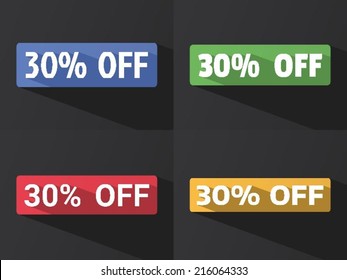 Flat word "30% OFF" with long shadow in different colors and fonts. Vector illustration