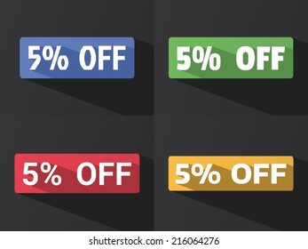 Flat word "5% OFF" with long shadow in different colors and fonts. Vector illustration