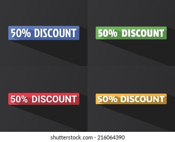 Flat word "50% DISCOUNT" with long shadow in different colors and fonts. Vector illustration