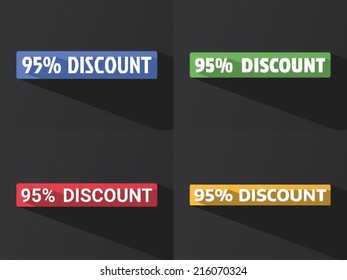 Flat word "95% DISCOUNT" with long shadow in different colors and fonts. Vector illustration