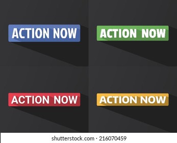 Flat word "ACTION NOW" with long shadow in different colors and fonts. Vector illustration