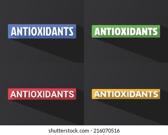 Flat word "ANTIOXIDANTS" with long shadow in different colors and fonts. Vector illustration