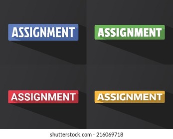 Flat word "ASSIGNMENT" with long shadow in different colors and fonts. Vector illustration