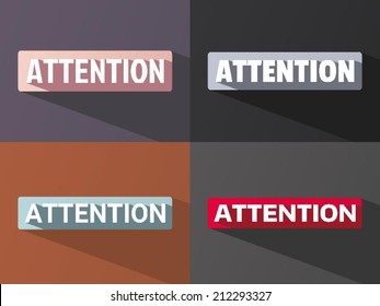 Flat word "ATTENTION" with long shadow in different colors and fonts. Vector illustration
