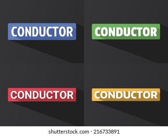 Flat word "CONDUCTOR" with long shadow in different colors and fonts. Vector illustration