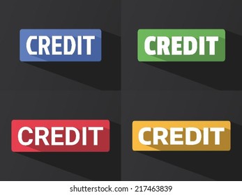 Flat word "CREDIT" with long shadow in different colors and fonts. Vector illustration