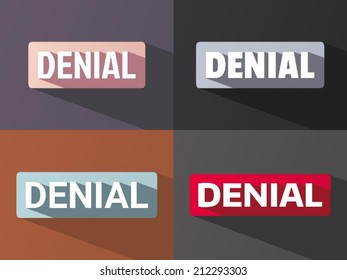 Flat word "DENIAL" with long shadow in different colors and fonts. Vector illustration