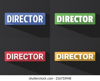 Flat word "DIRECTOR" with long shadow in different colors and fonts. Vector illustration