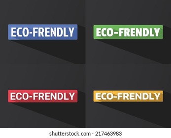 Flat word "ECO-FRENDLY" with long shadow in different colors and fonts. Vector illustration