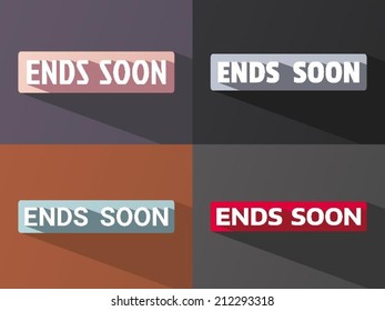 Flat word "ENDS SOON" with long shadow in different colors and fonts. Vector illustration