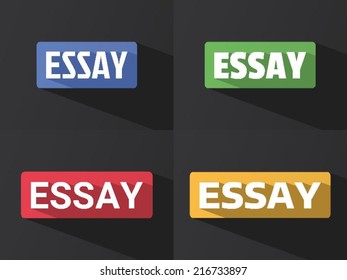 Flat word "ESSAY" with long shadow in different colors and fonts. Vector illustration